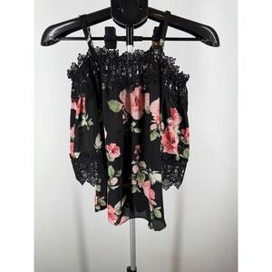 BCX Women Black Floral Cold Shoulder Crochet Lace Trim Blouse Top XS